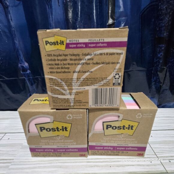 100% Recycled Paper Super Sticky Post It Notes, 3" Wanderlust Pastels 3 Boxes - Picture 3 of 3